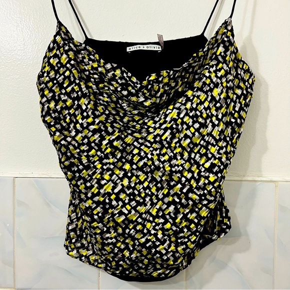 Alice + Olivia Small Harmon Silk Yellow/Black Cowl Neck Fairy Grunge Slip Tank - Picture 4 of 14